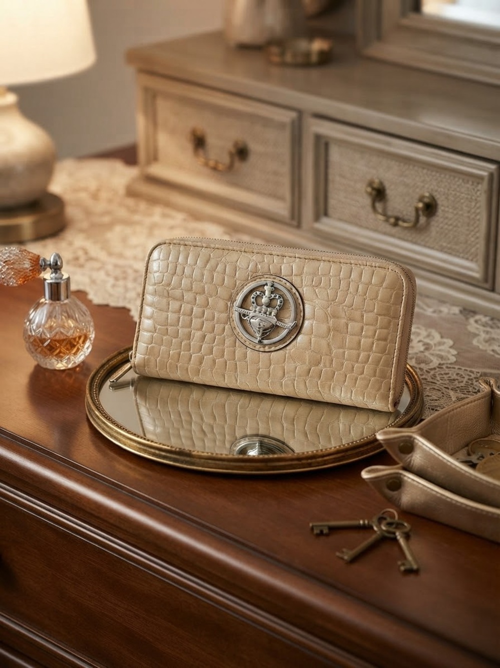 Cathy Textured Croc-Embossed Zip Wallet in Beige with Silver Crest